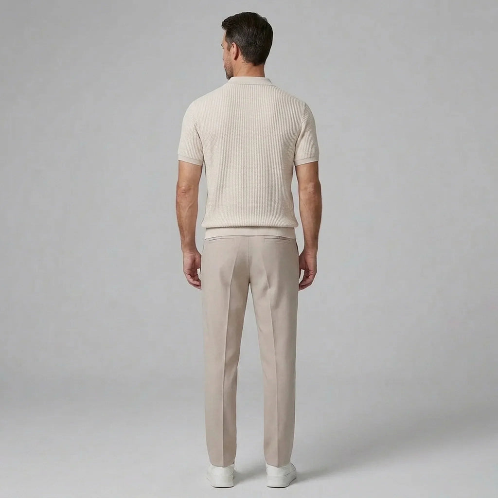 Model wearing waffle polo and tapered pant set in beige – Tomosino