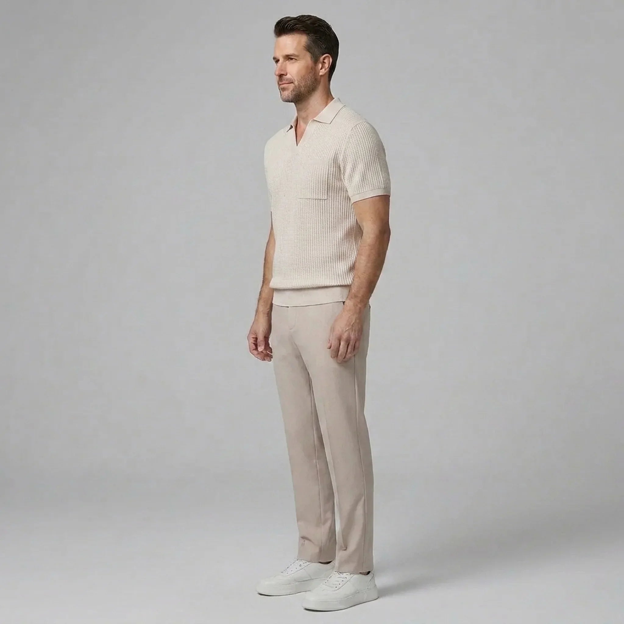 Celvorn | Matching Set Waffle Polo Slim Tapered Trousers