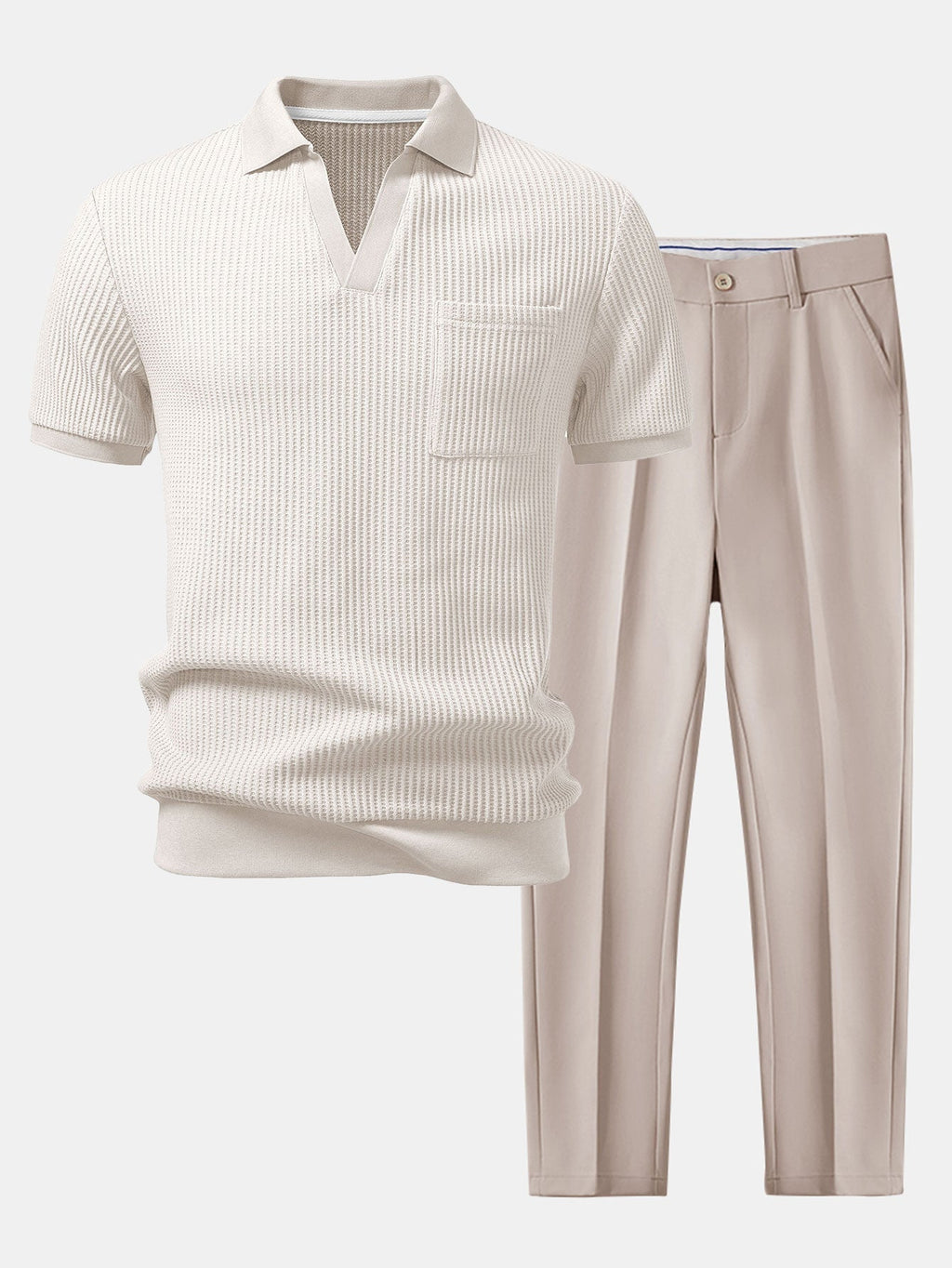 Celvorn | Matching Set Waffle Polo Slim Tapered Trousers