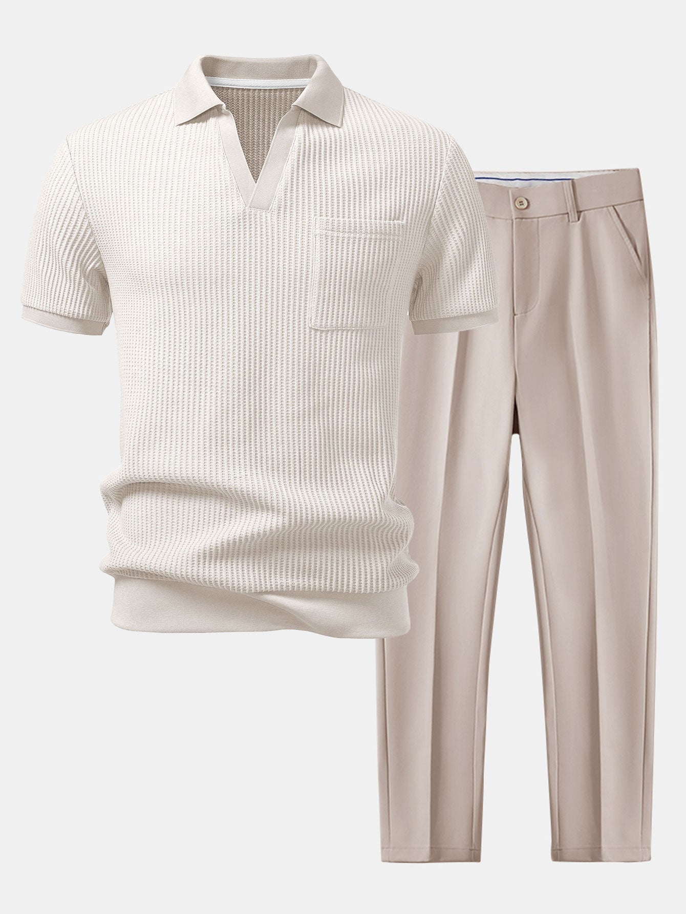 Celvorn | Matching Set Waffle Polo Slim Tapered Trousers