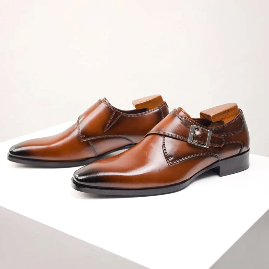 Almond toe monk strap dress shoe with single buckle detail – Tomosino