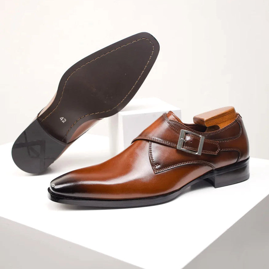 Stroven | Monk Strap Shoes Single Buckle Almond Toe Brown