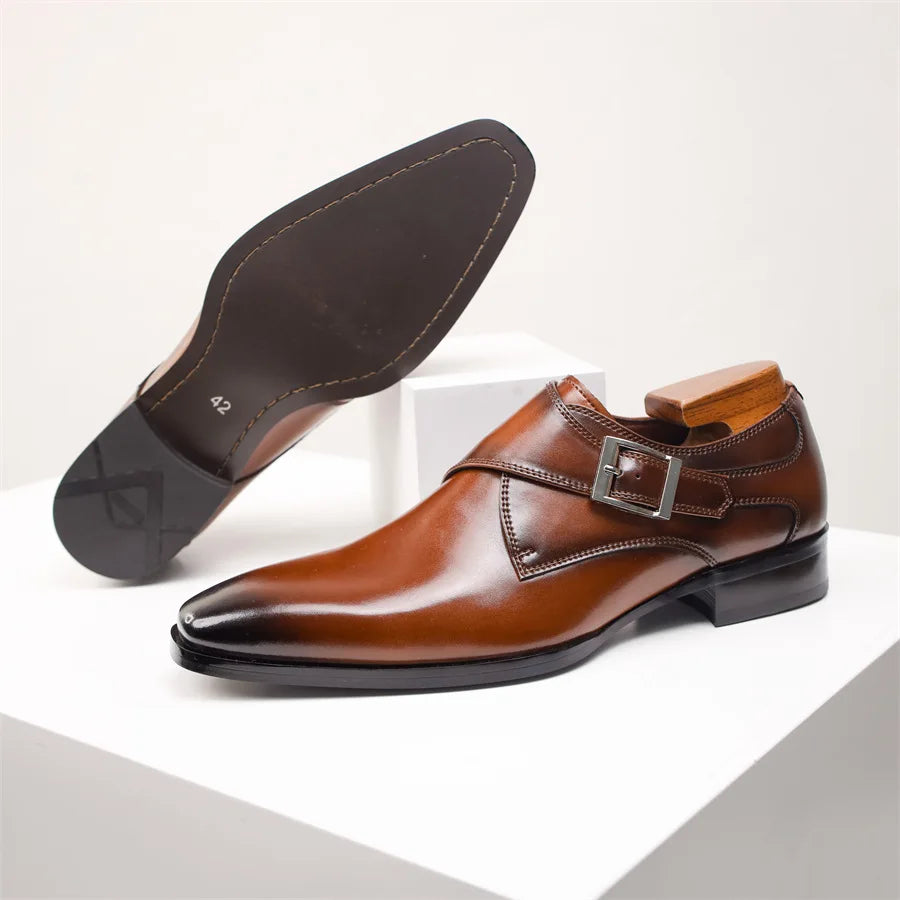 Stroven | Monk Strap Shoes Single Buckle Almond Toe Brown
