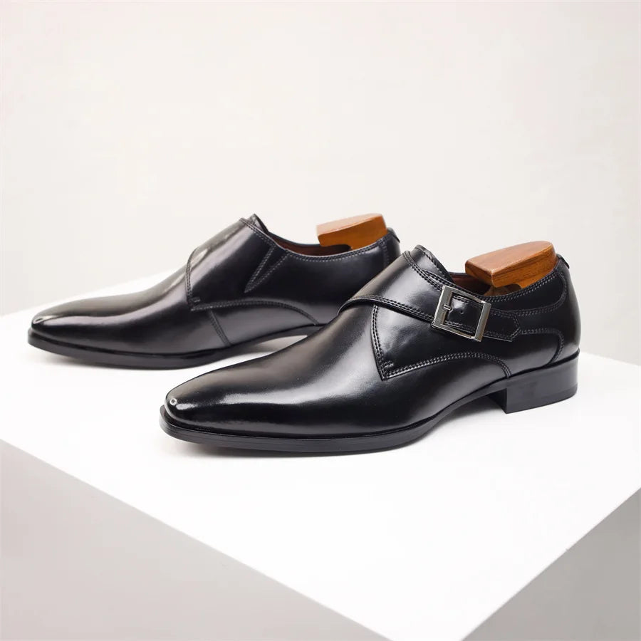 Model wearing monk strap dress shoe in brown – Tomosino