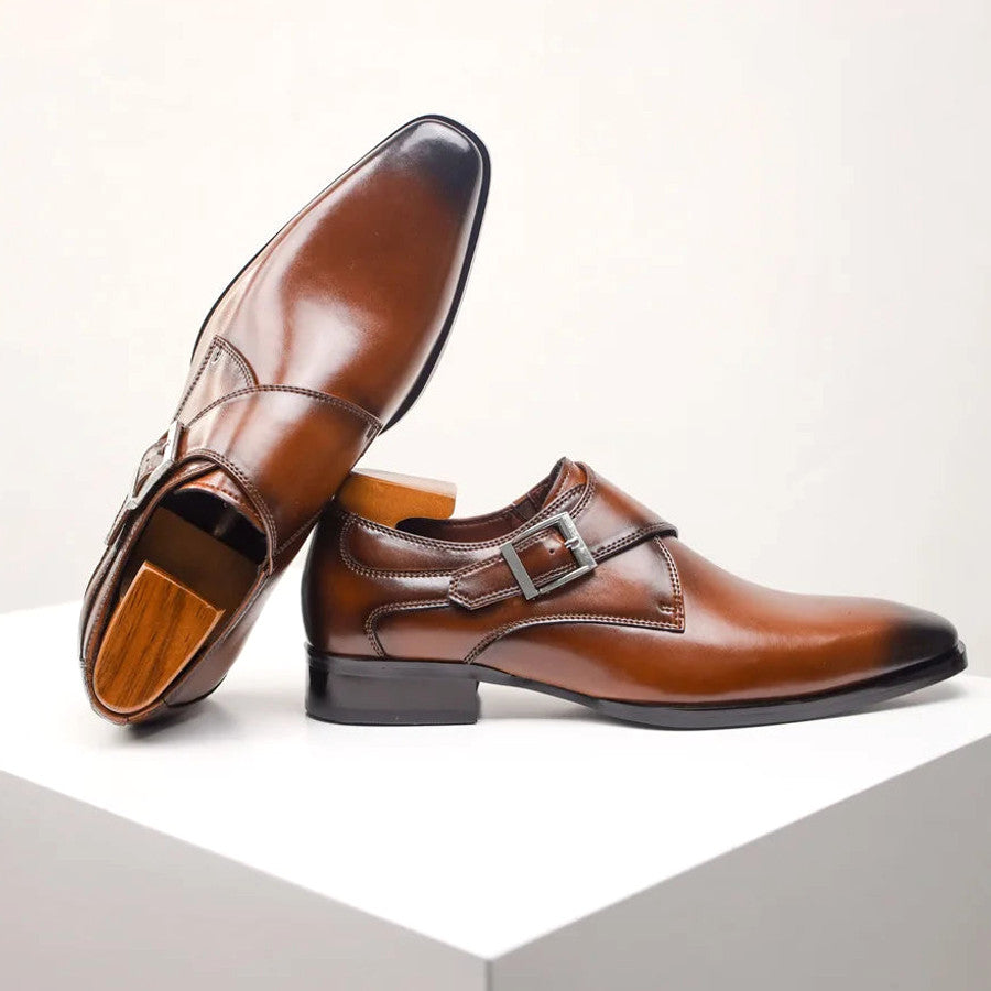 Stroven | Monk Strap Shoes Single Buckle Almond Toe Brown