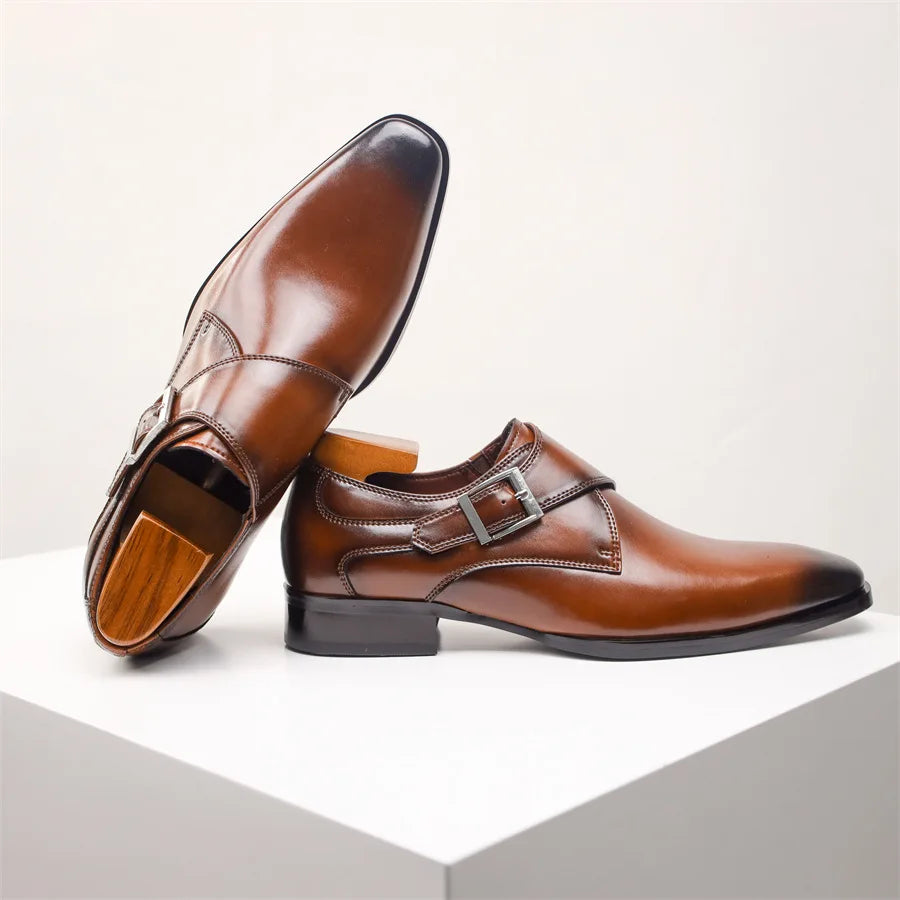 Stroven | Monk Strap Shoes Single Buckle Almond Toe Brown