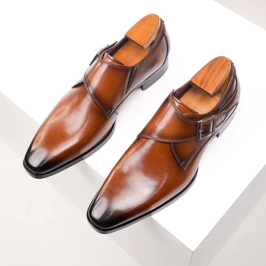 Stroven | Monk Strap Shoes Single Buckle Almond Toe Brown