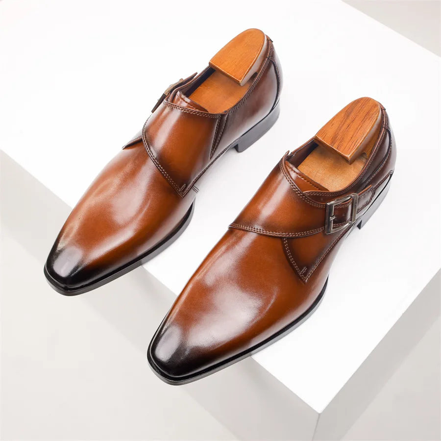 Stroven | Monk Strap Shoes Single Buckle Almond Toe Brown