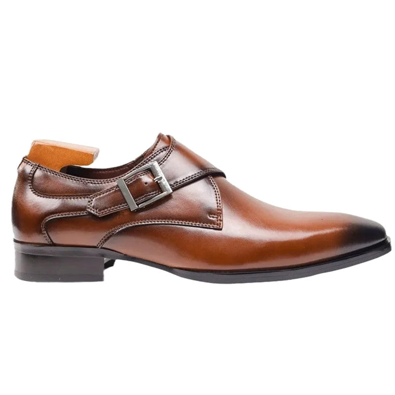 Stroven | Monk Strap Shoes Single Buckle Almond Toe Brown