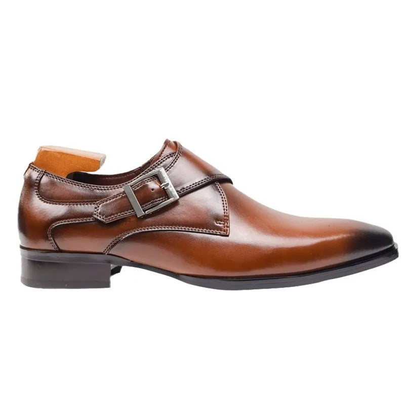 Stroven | Monk Strap Shoes Single Buckle Almond Toe Brown