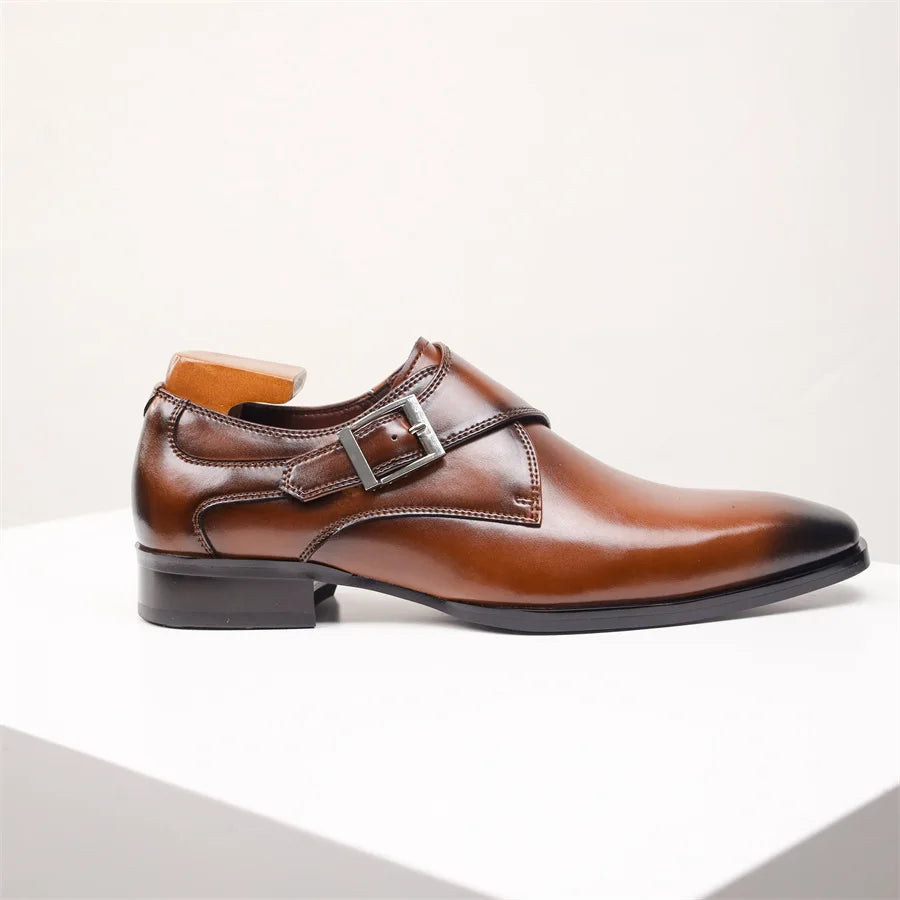 Stroven | Monk Strap Shoes Single Buckle Almond Toe Brown