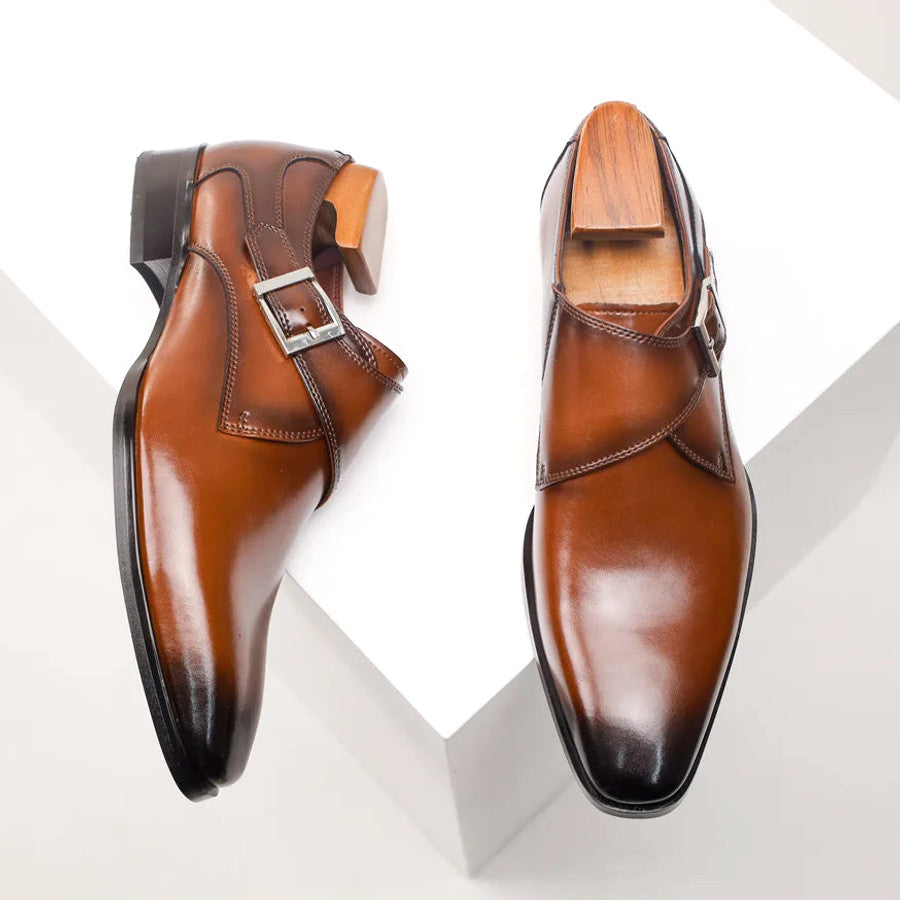 Stroven | Monk Strap Shoes Single Buckle Almond Toe Brown