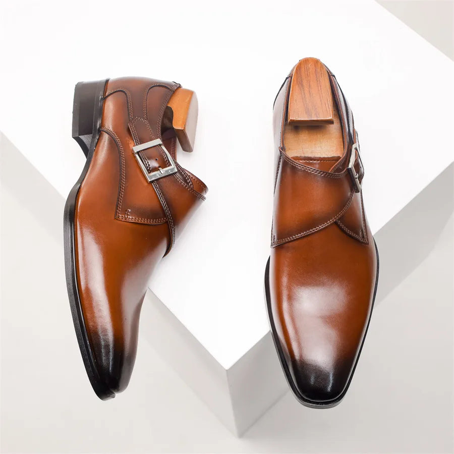 Stroven | Monk Strap Shoes Single Buckle Almond Toe Brown