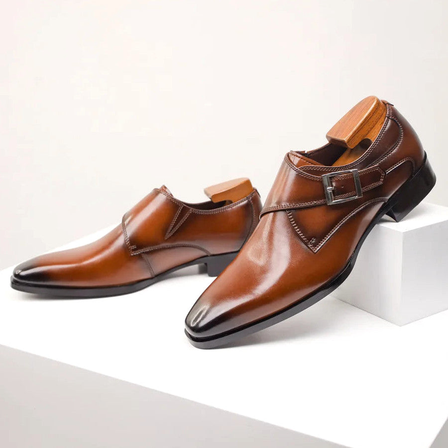 Stroven | Monk Strap Shoes Single Buckle Almond Toe Brown