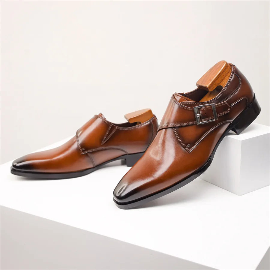 Stroven | Monk Strap Shoes Single Buckle Almond Toe Brown