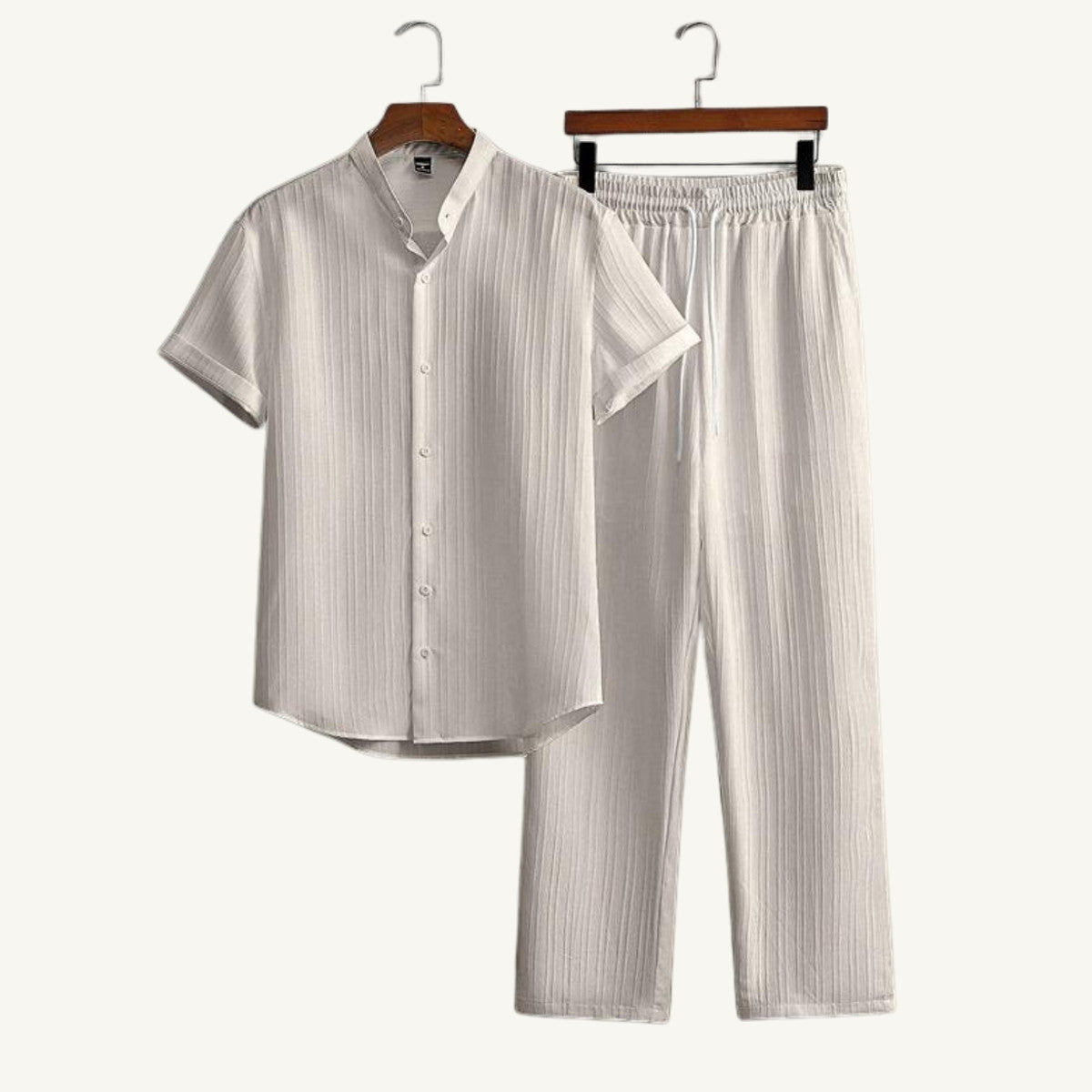 Crinkle weave band collar shirt and trouser set in apricot – Tomosino