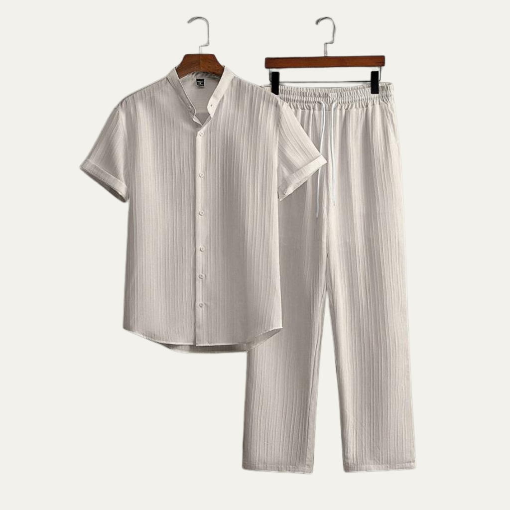 Crinkle weave band collar shirt and trouser set in apricot – Tomosino