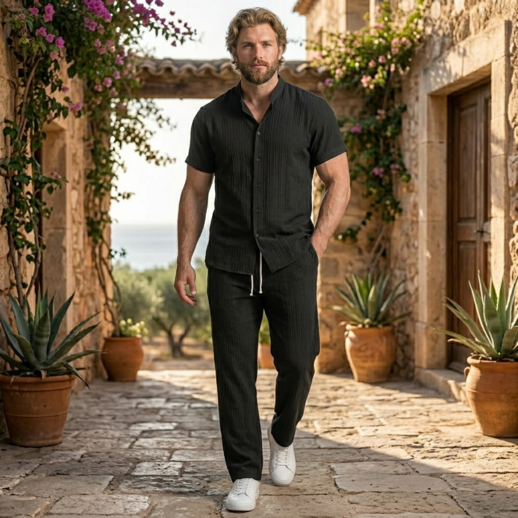 Daxwell | Matching Set Band Collar Crinkle Weave Co-Ord
