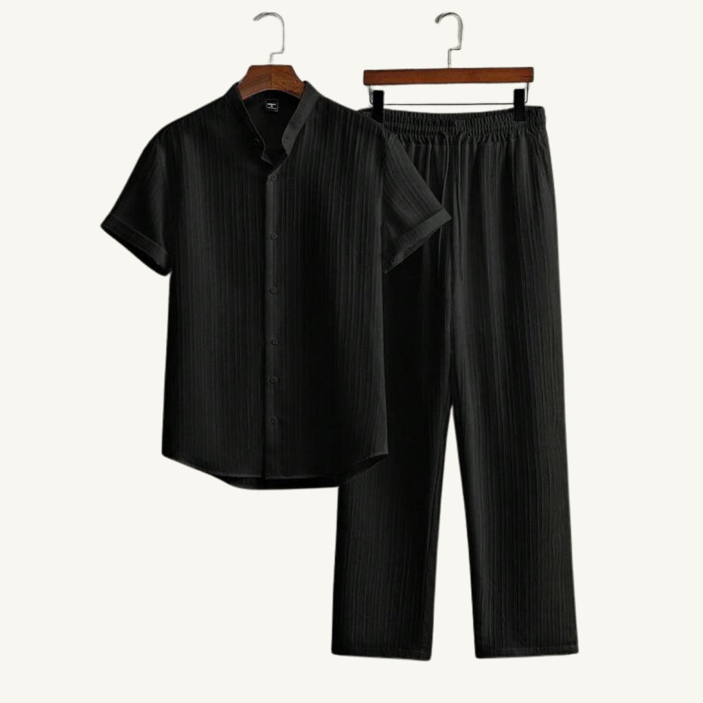 Daxwell | Matching Set Band Collar Crinkle Weave Co-Ord
