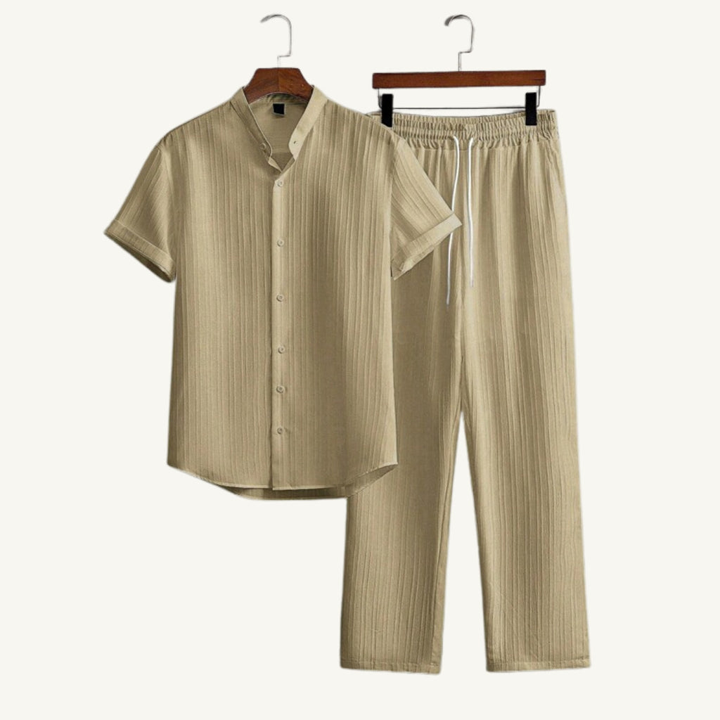 Daxwell | Matching Set Band Collar Crinkle Weave Co-Ord