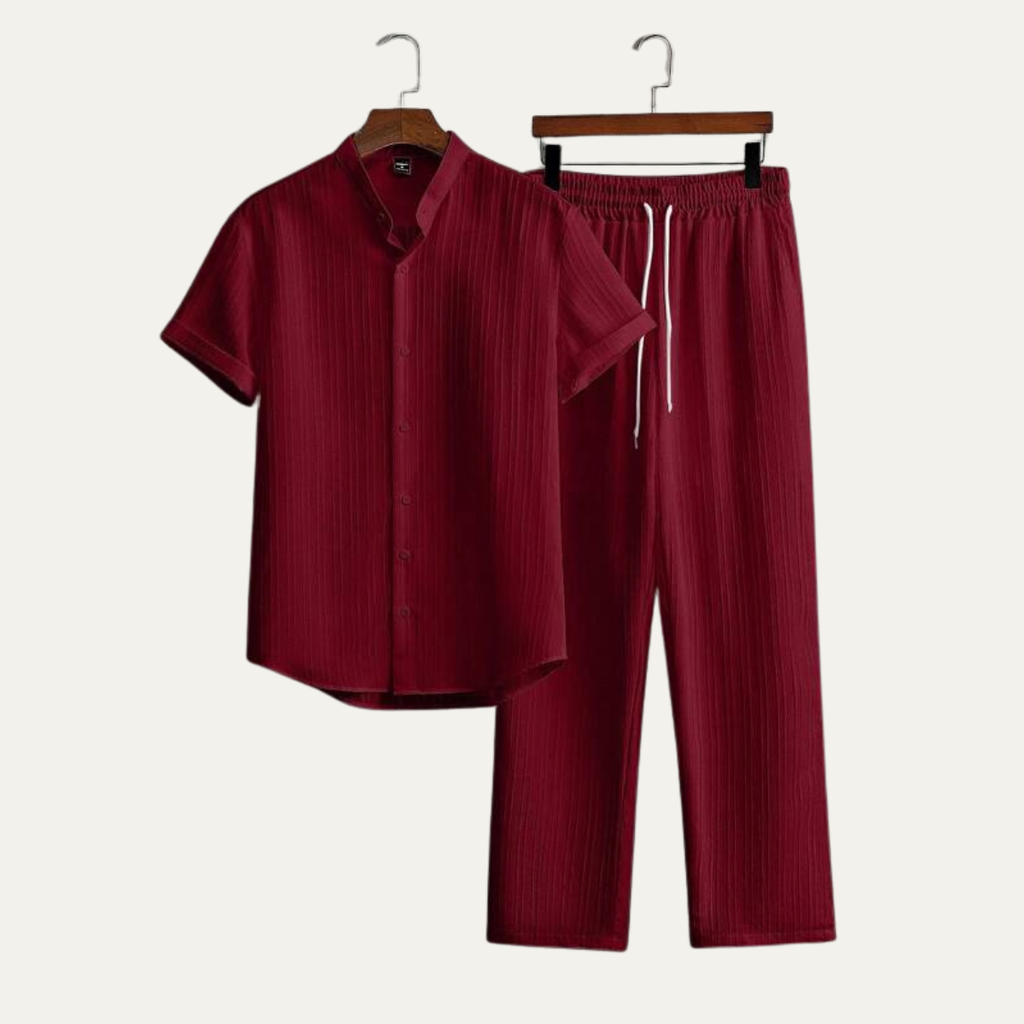 Daxwell | Matching Set Band Collar Crinkle Weave Co-Ord