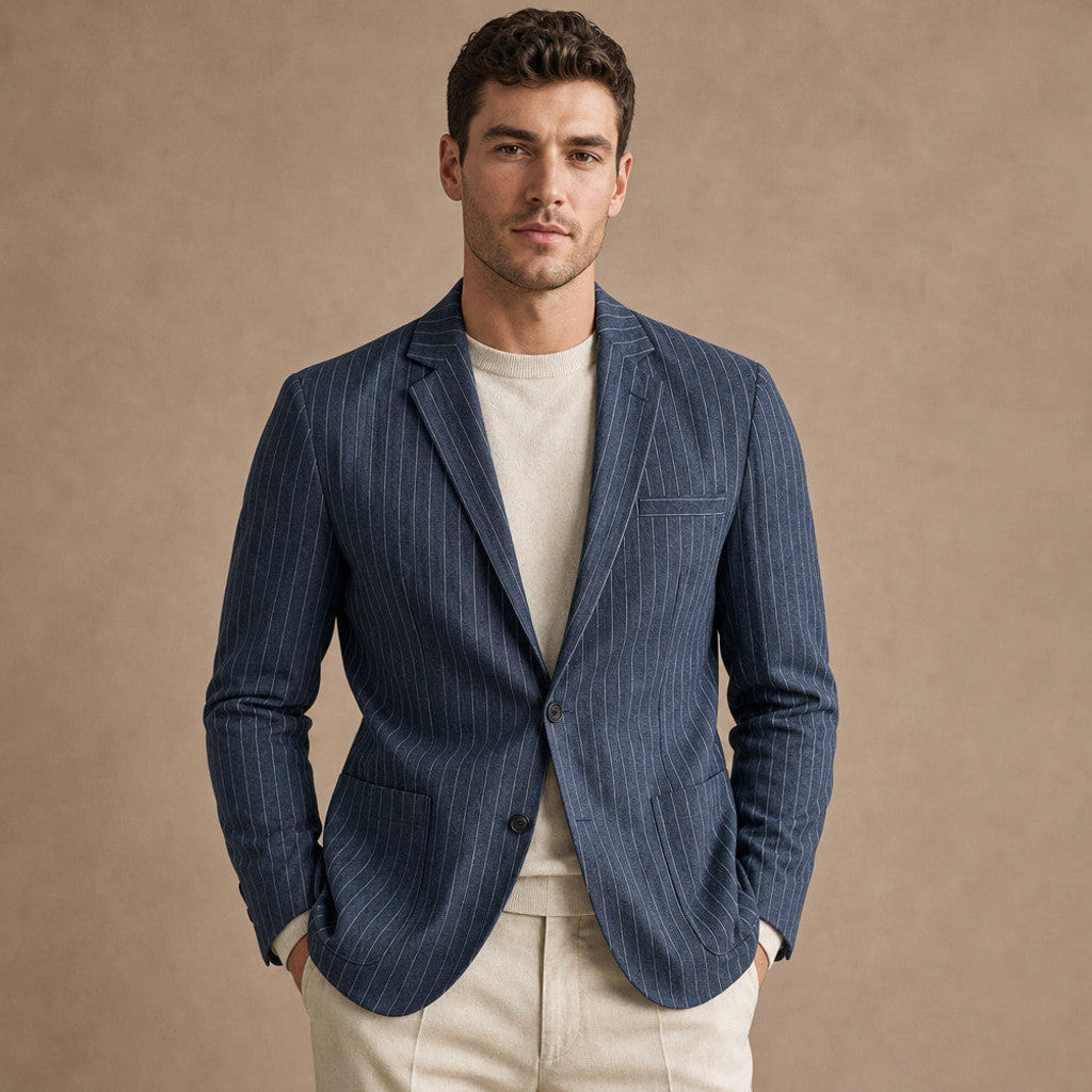 Midnight navy unstructured cotton linen blazer shown flat