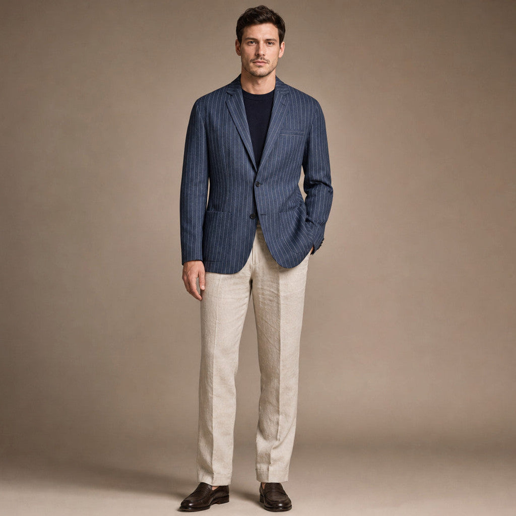 Man wearing midnight navy unlined blazer with a white shirt