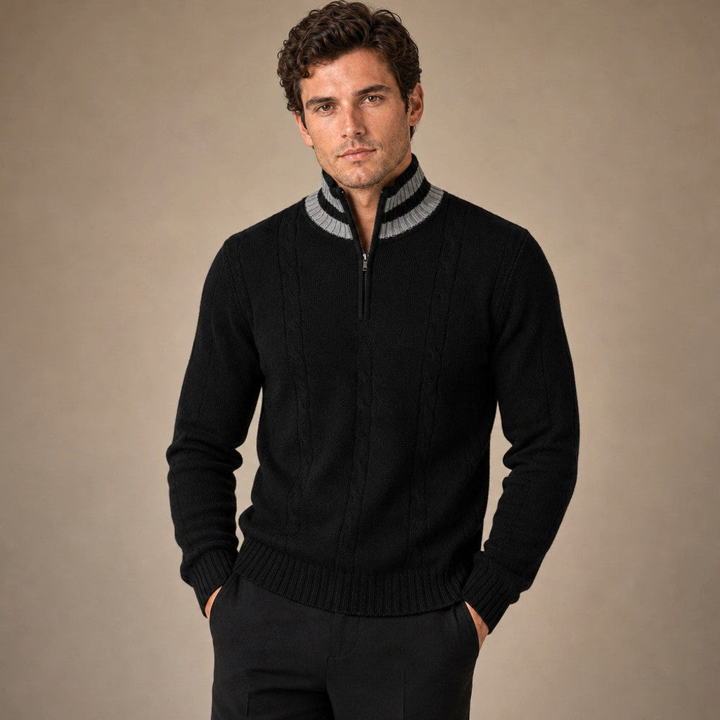 Black wool-knit quarter zip jumper with ribbed cuffs