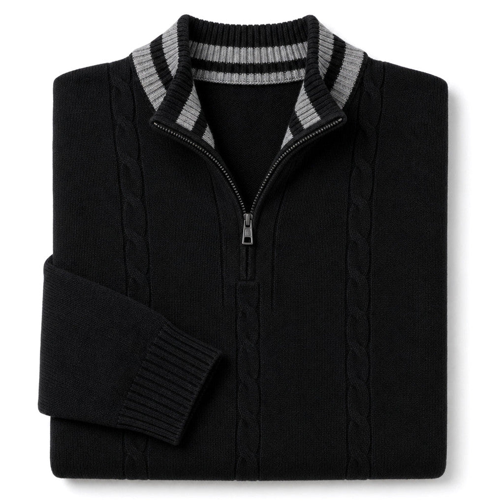 Man wearing black quarter zip wool jumper over a shirt