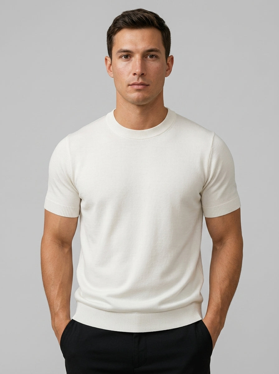 Knit Crew Neck Tee — On Model - Upper Body | Generated by Modelize