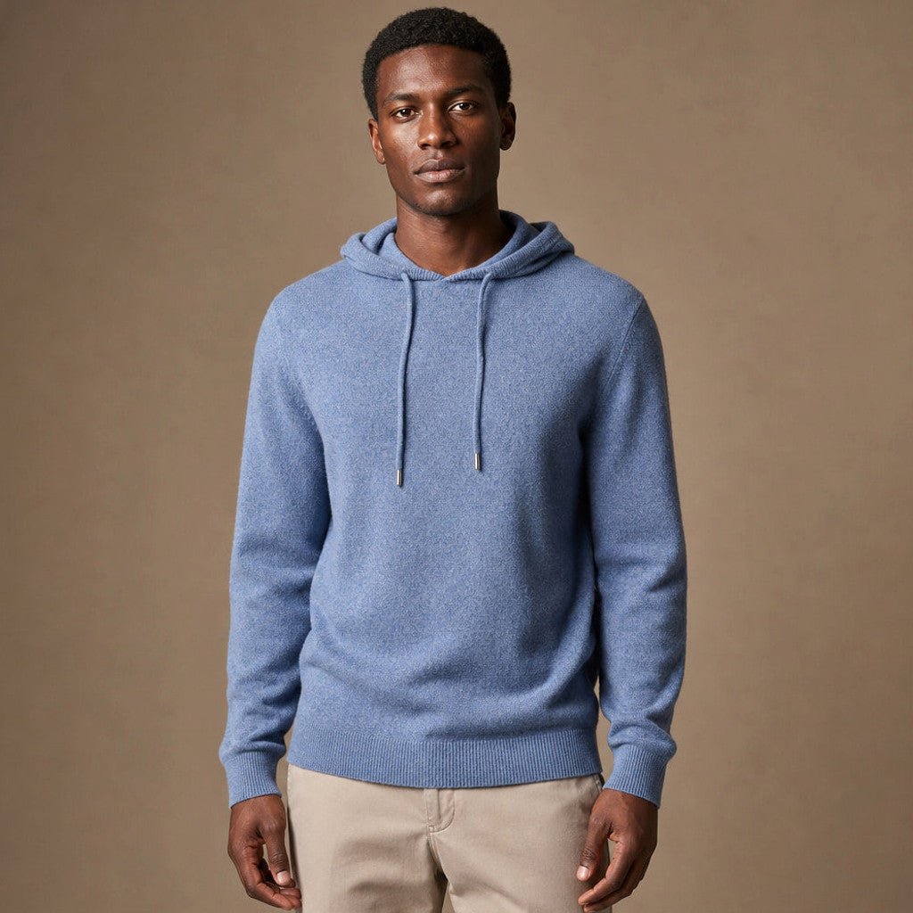 Blue merino knit hoodie, front view