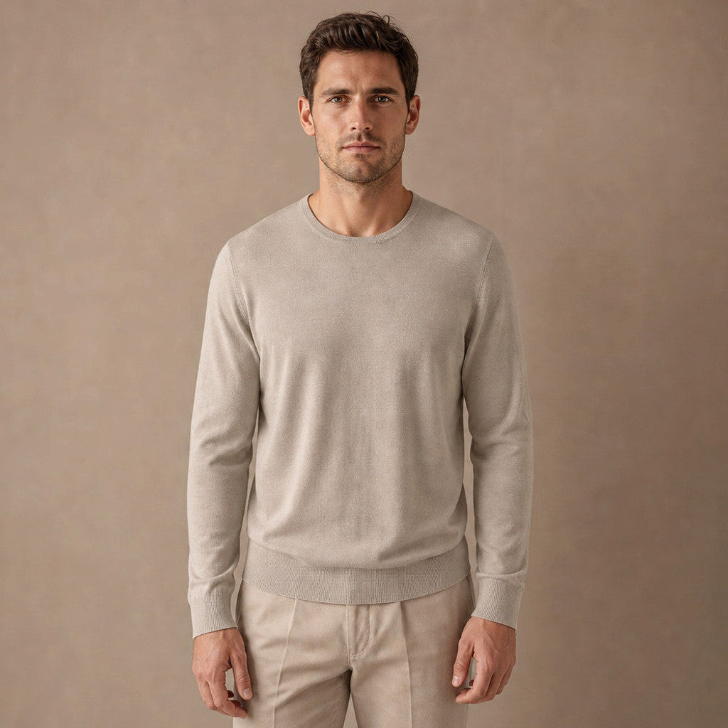 Champagne fine-gauge wool crewneck jumper, front view