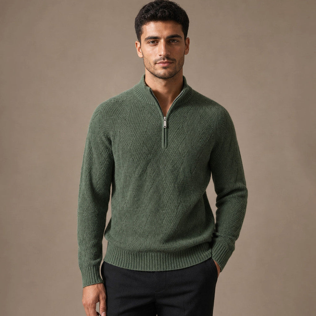 Green quarter zip knit jumper with ribbed collar, front view