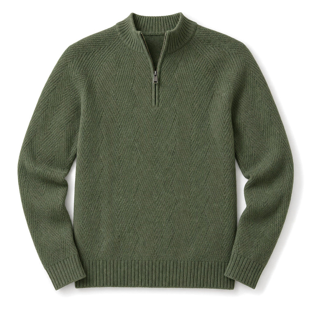 Man wearing green quarter zip jumper over a shirt