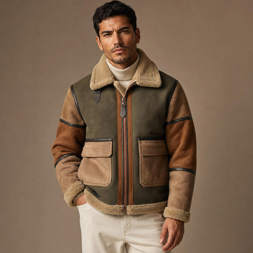 Suede aviator jacket with sherpa collar and full pile lining, front view