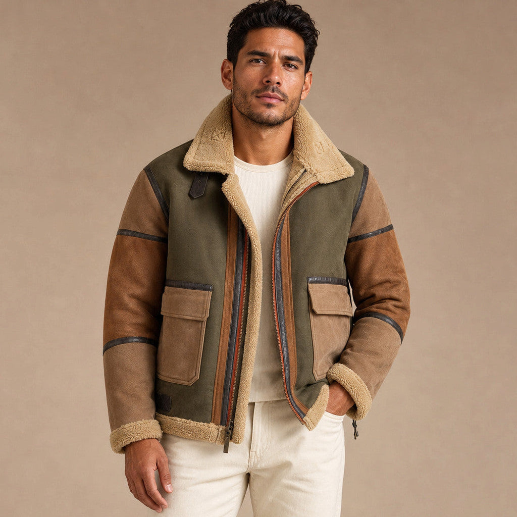 Man wearing a shearling-lined suede aviator jacket with collar turned up