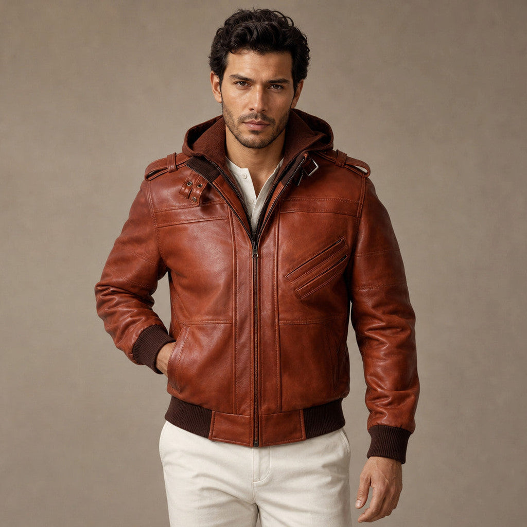 Brown sheepskin bomber jacket with removable hood and rib-knit trims