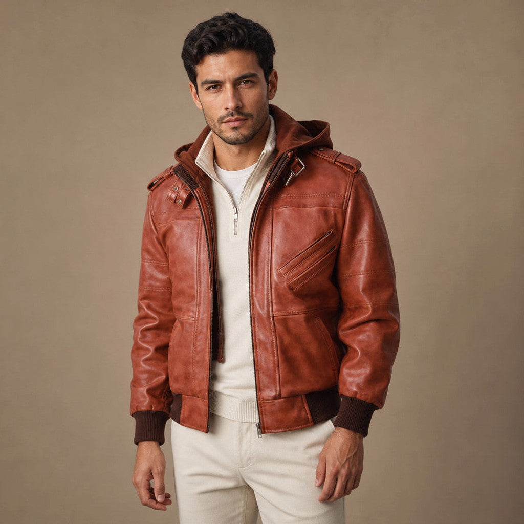Man wearing brown hooded leather bomber jacket with dark denim