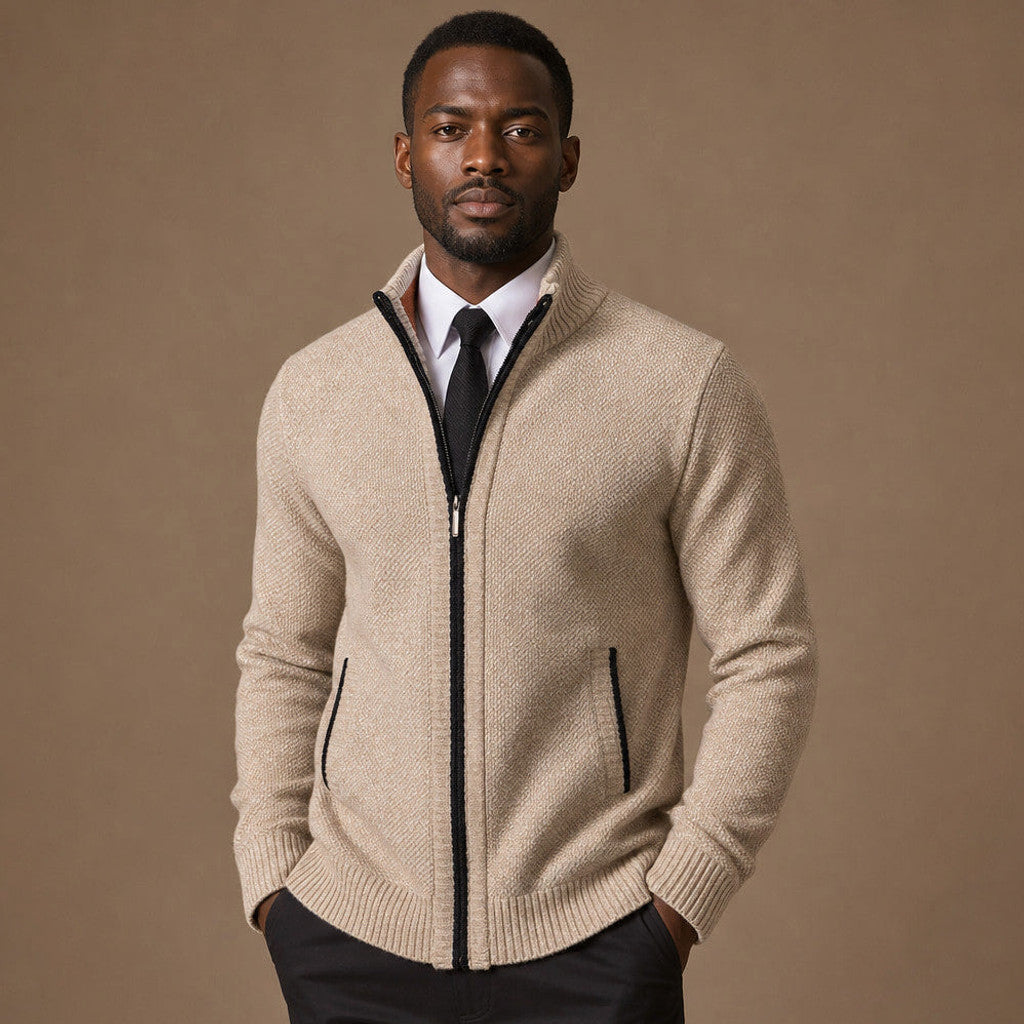 Beige cable knit zip hoodie with stand collar, laid flat