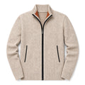 Man wearing beige cable knit zip hoodie over a plain tee