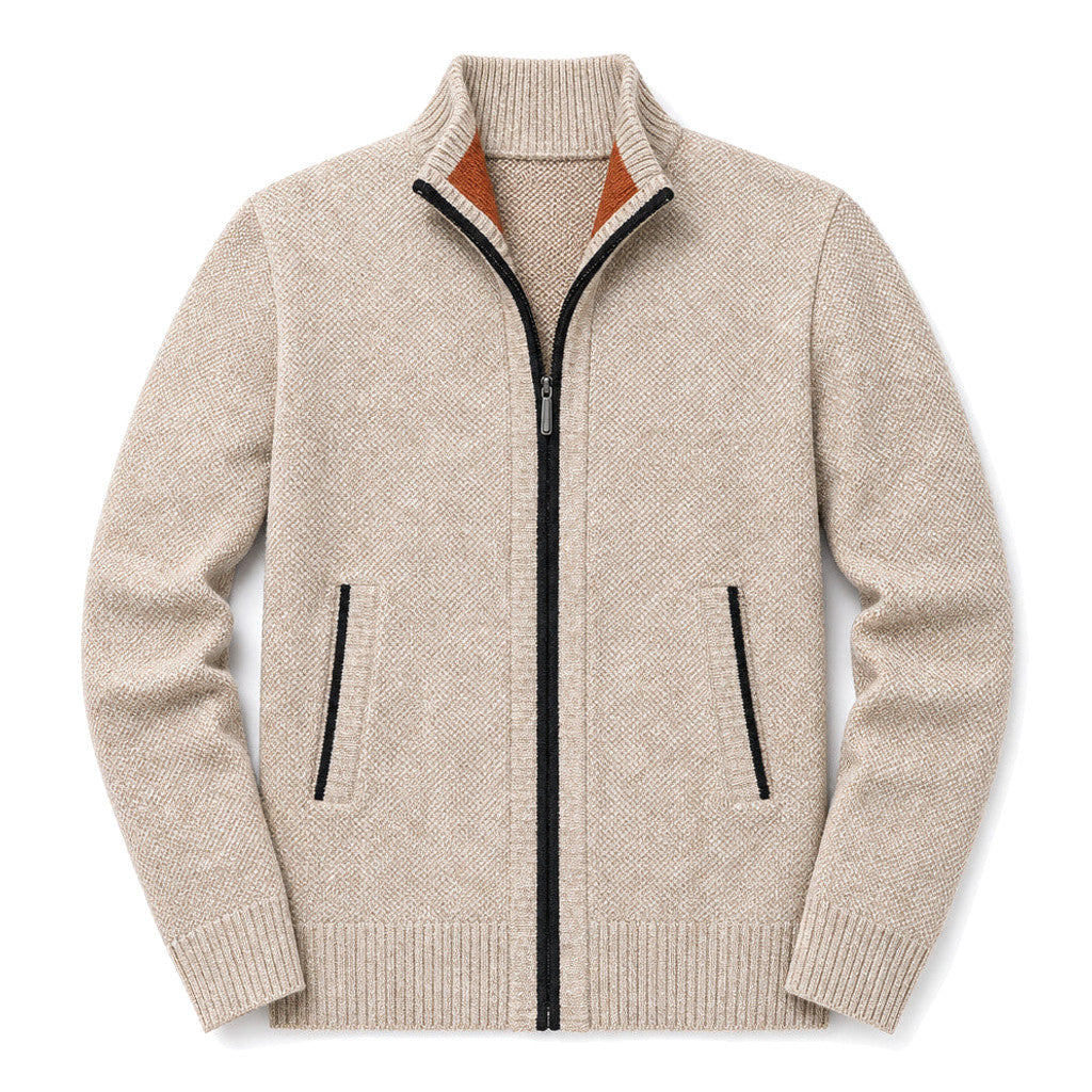 Man wearing beige cable knit zip hoodie over a plain tee