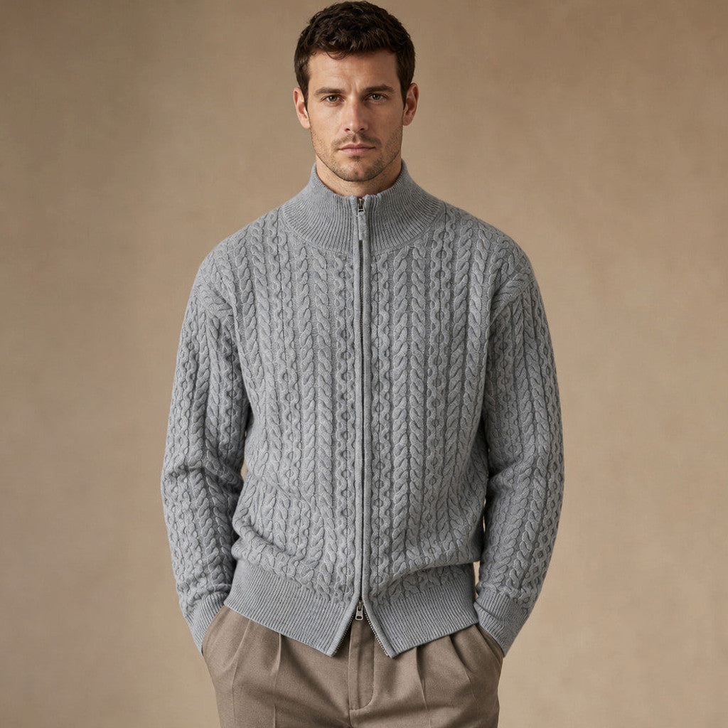 Gray cable knit full-zip cardigan with ribbed stand collar