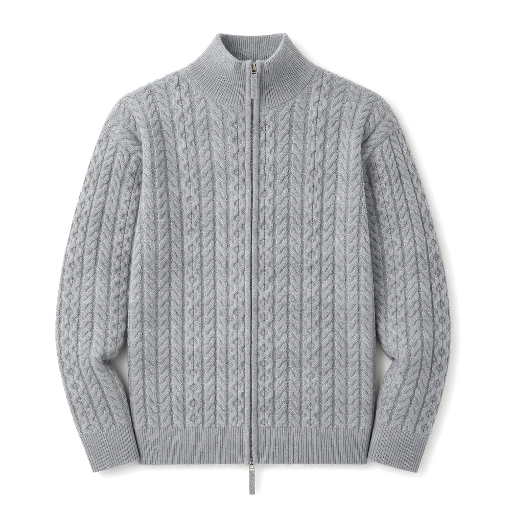 Man wearing gray cable knit zip cardigan over a plain tee