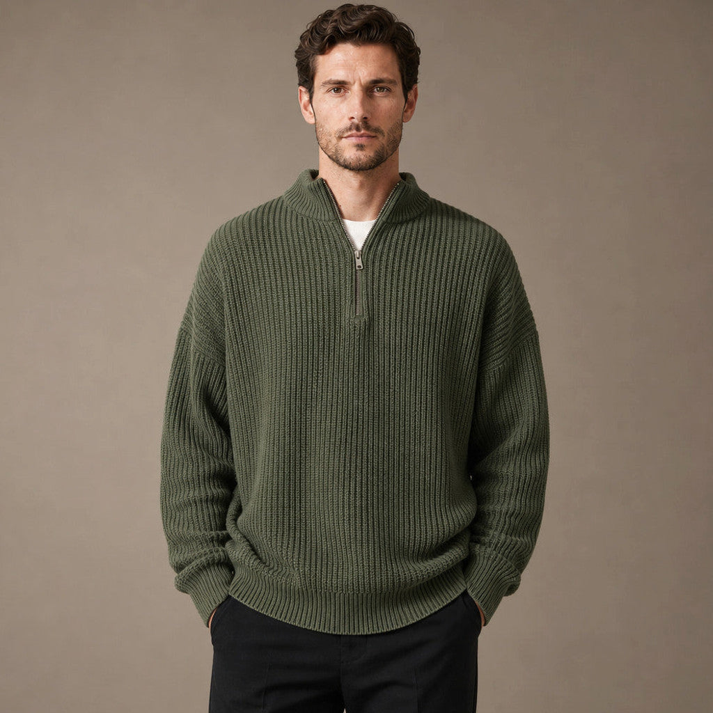 Green quarter zip loose fit crewneck jumper, front view