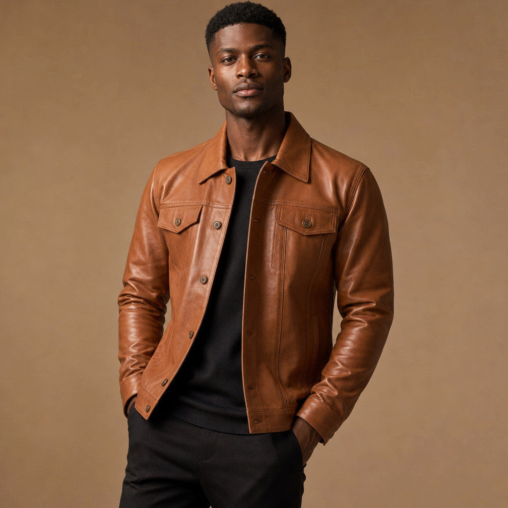 Sienna brown sheepskin leather trucker jacket with shirt collar and chest flap pockets
