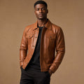 Sienna brown sheepskin leather trucker jacket with shirt collar and chest flap pockets