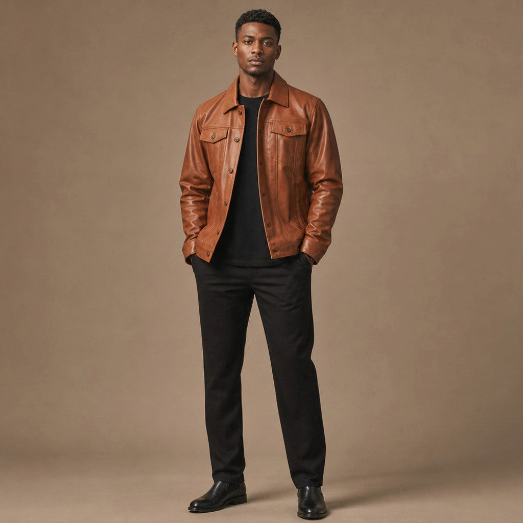 Man wearing sienna brown leather trucker jacket over a knit with dark denim