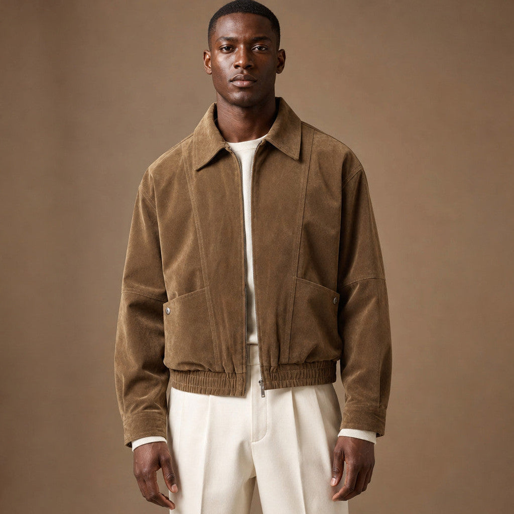 Tan suede aviator jacket with full-zip front and elasticated waist hem