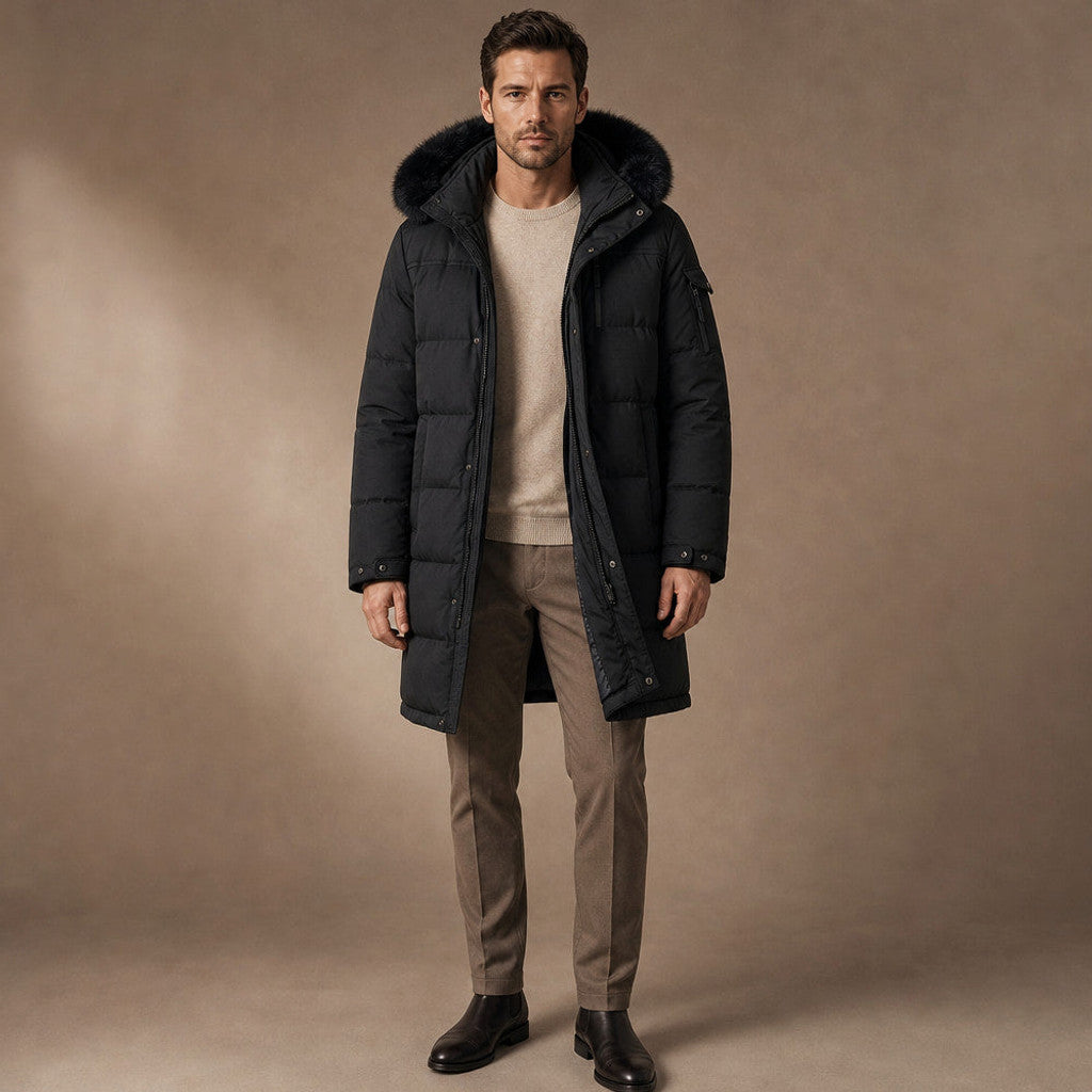 Longline packable down coat with detachable hood, front view