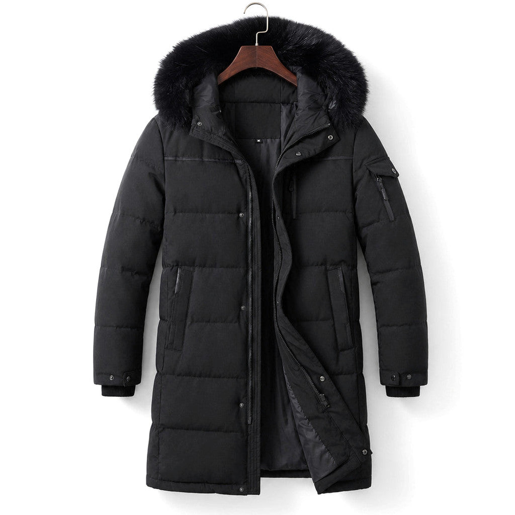 Man wearing longline down parka zipped to the chin in winter